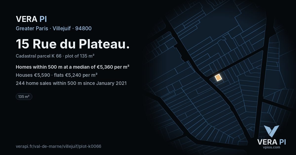 15 Rue du Plateau, Villejuif at night – the plot lit, the parcels around coloured by the prices near them