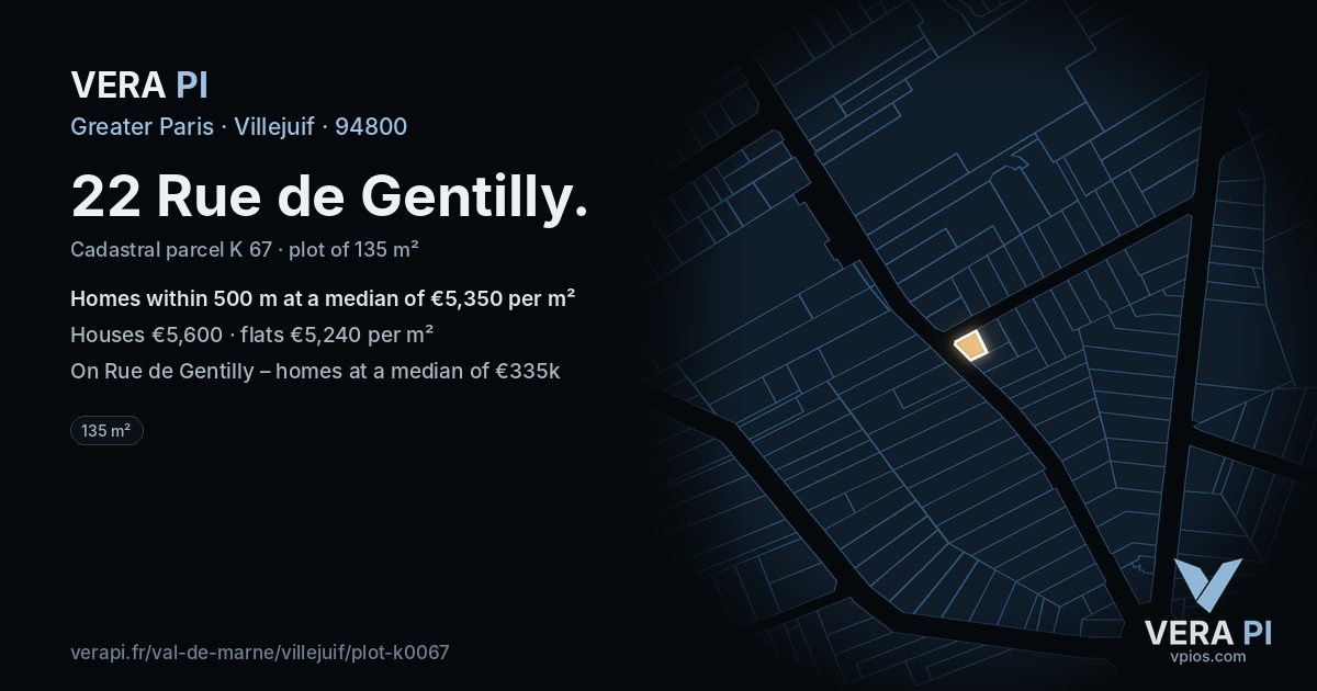 22 Rue de Gentilly, Villejuif at night – the plot lit, the parcels around coloured by the prices near them