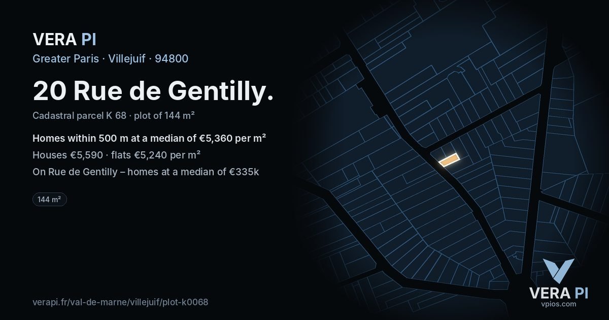 20 Rue de Gentilly, Villejuif at night – the plot lit, the parcels around coloured by the prices near them