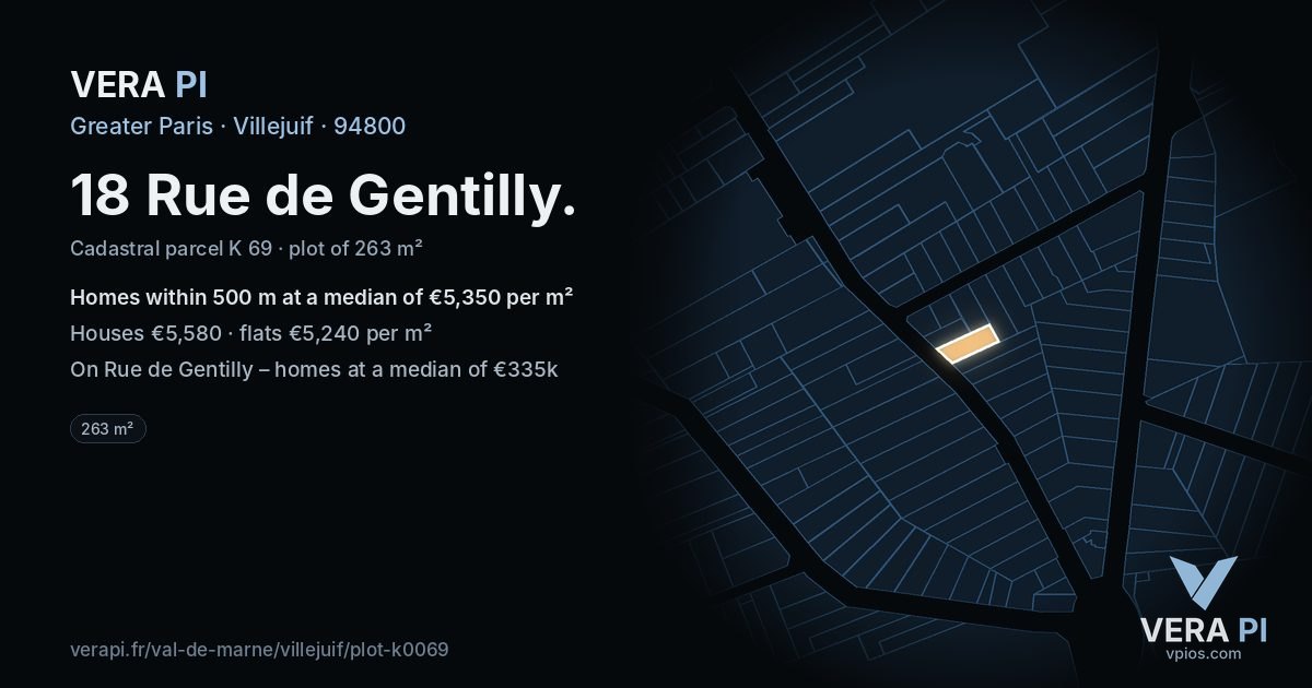 18 Rue de Gentilly, Villejuif at night – the plot lit, the parcels around coloured by the prices near them