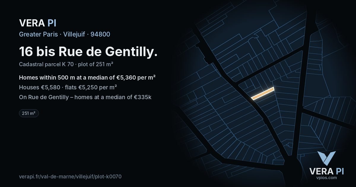 16 bis Rue de Gentilly, Villejuif at night – the plot lit, the parcels around coloured by the prices near them