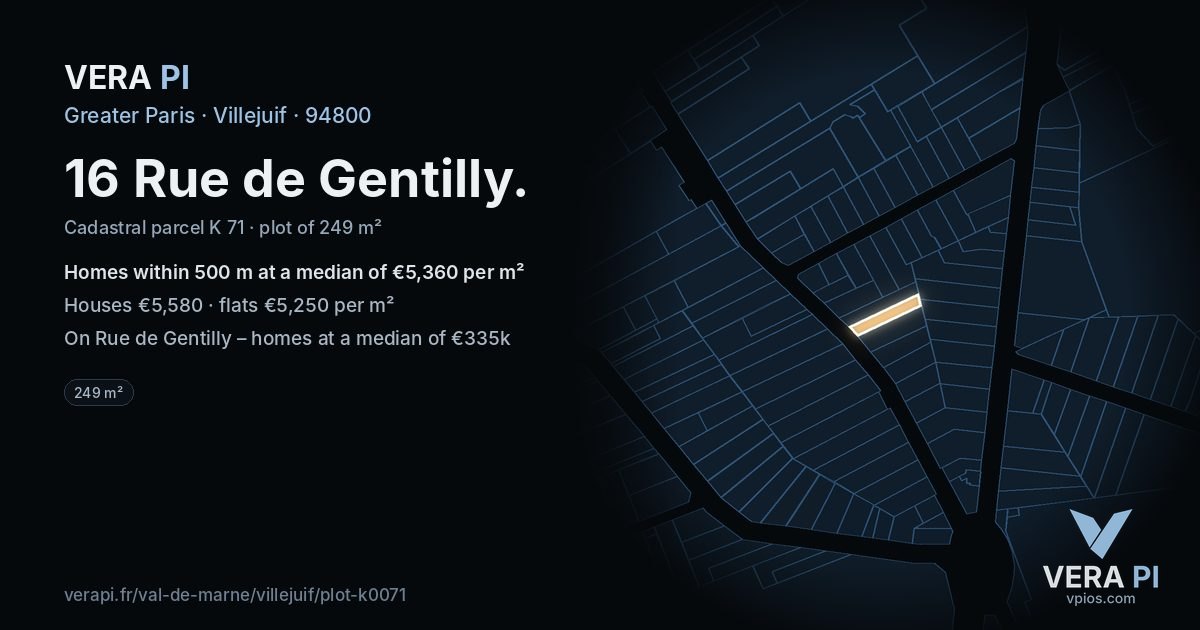 16 Rue de Gentilly, Villejuif at night – the plot lit, the parcels around coloured by the prices near them