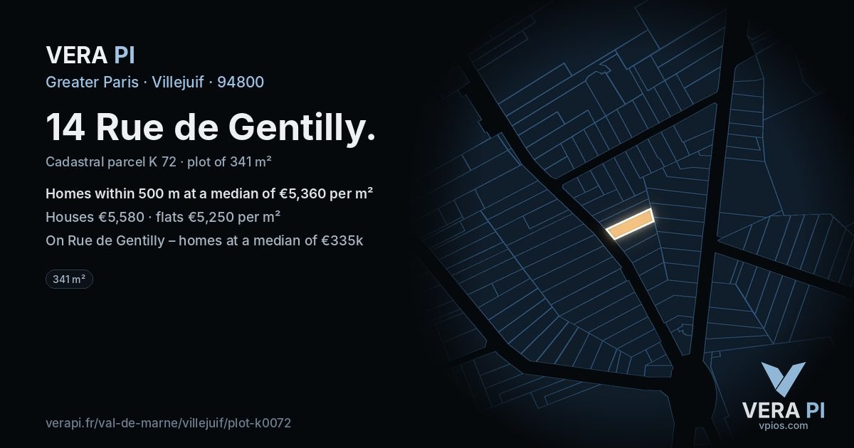 14 Rue de Gentilly, Villejuif at night – the plot lit, the parcels around coloured by the prices near them
