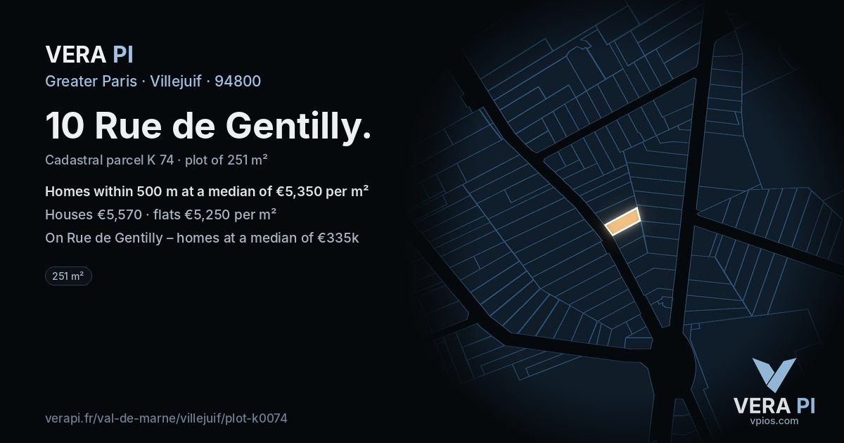 10 Rue de Gentilly, Villejuif at night – the plot lit, the parcels around coloured by the prices near them