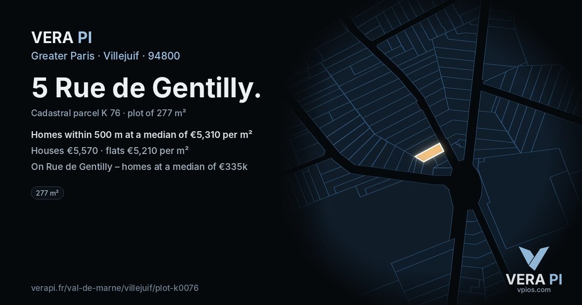 5 Rue de Gentilly, Villejuif at night – the plot lit, the parcels around coloured by the prices near them