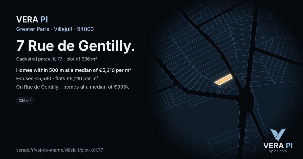 7 Rue de Gentilly, Villejuif at night – the plot lit, the parcels around coloured by the prices near them