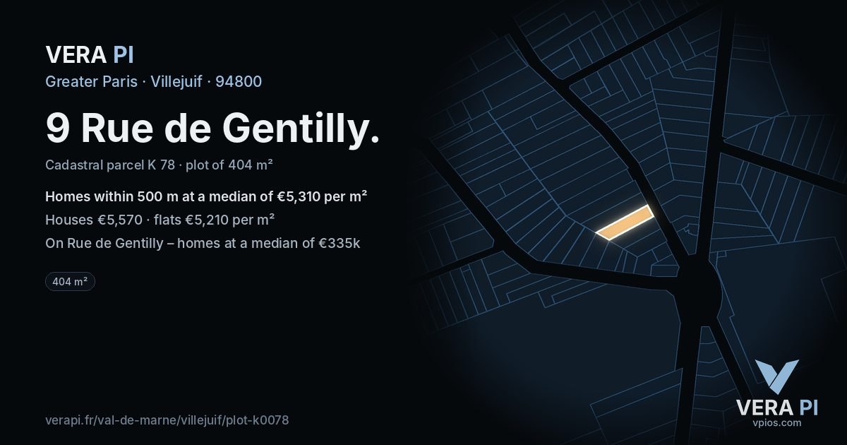 9 Rue de Gentilly, Villejuif at night – the plot lit, the parcels around coloured by the prices near them