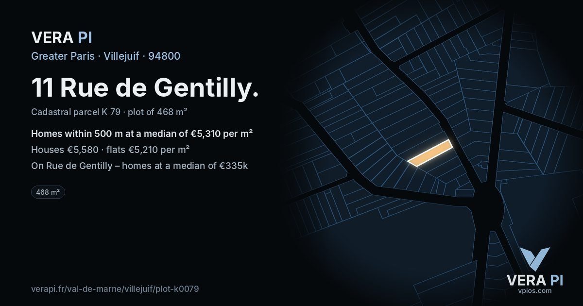 11 Rue de Gentilly, Villejuif at night – the plot lit, the parcels around coloured by the prices near them