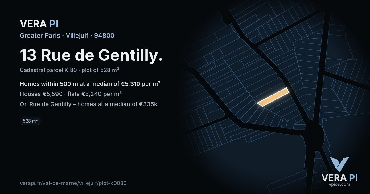 13 Rue de Gentilly, Villejuif at night – the plot lit, the parcels around coloured by the prices near them
