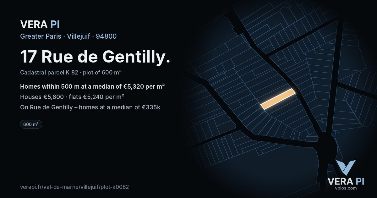 17 Rue de Gentilly, Villejuif at night – the plot lit, the parcels around coloured by the prices near them
