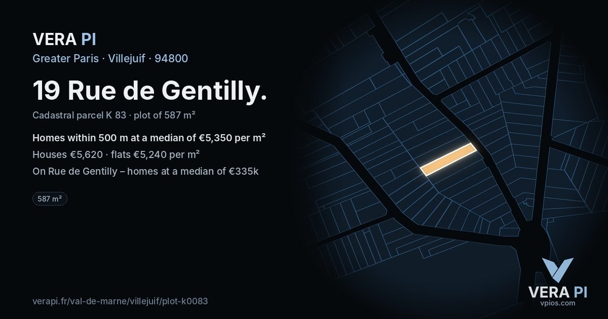 19 Rue de Gentilly, Villejuif at night – the plot lit, the parcels around coloured by the prices near them