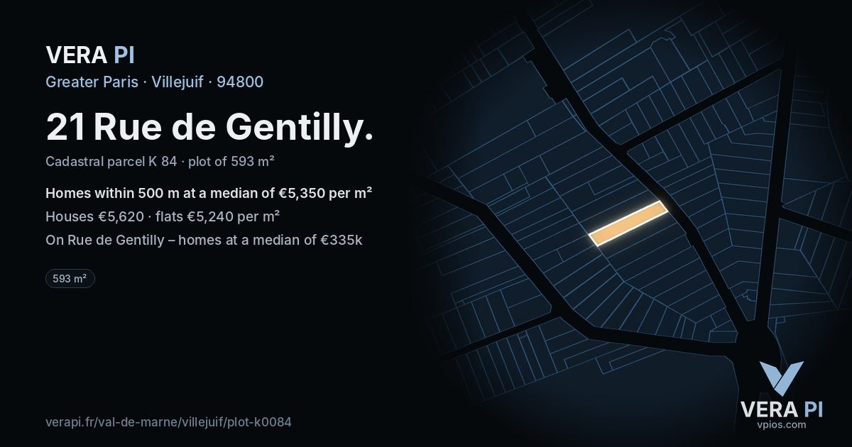 21 Rue de Gentilly, Villejuif at night – the plot lit, the parcels around coloured by the prices near them