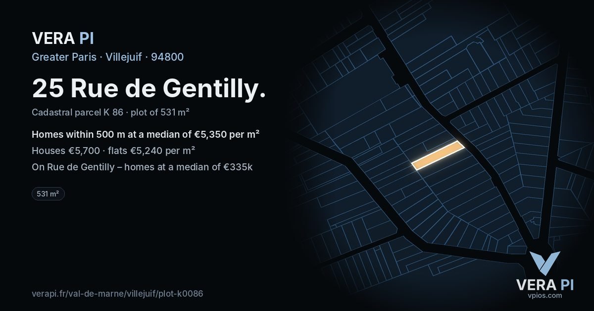 25 Rue de Gentilly, Villejuif at night – the plot lit, the parcels around coloured by the prices near them