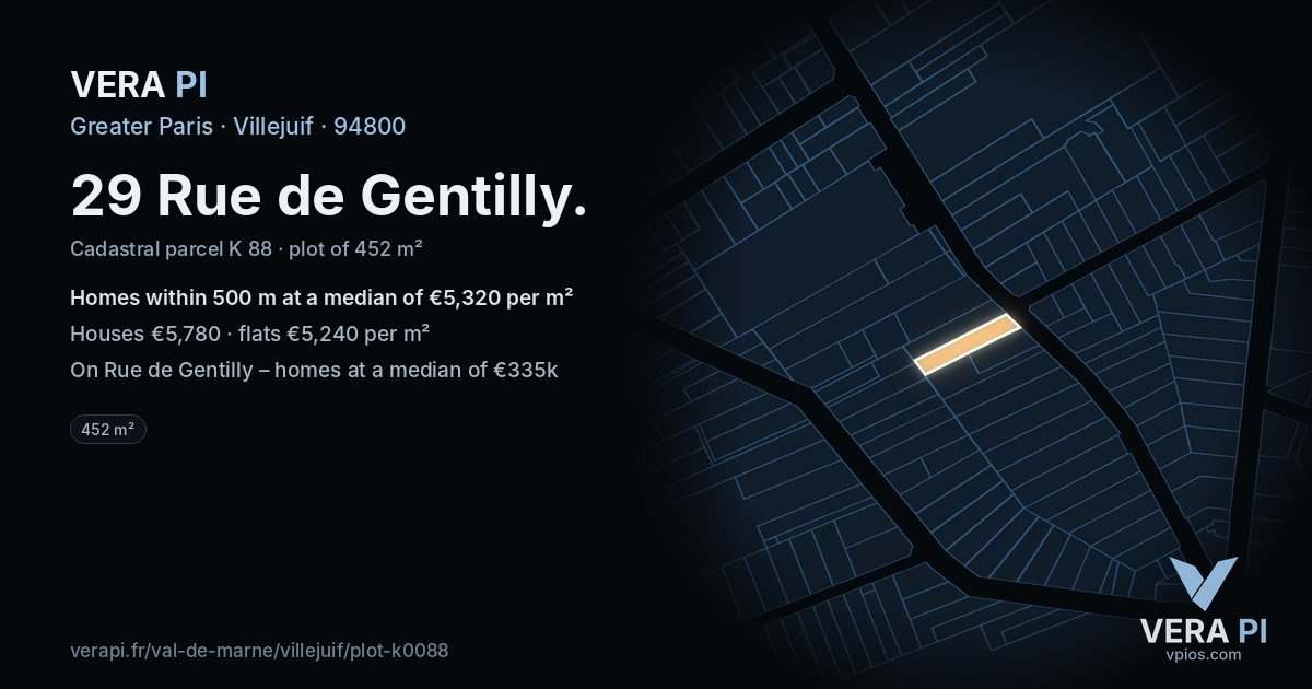 29 Rue de Gentilly, Villejuif at night – the plot lit, the parcels around coloured by the prices near them
