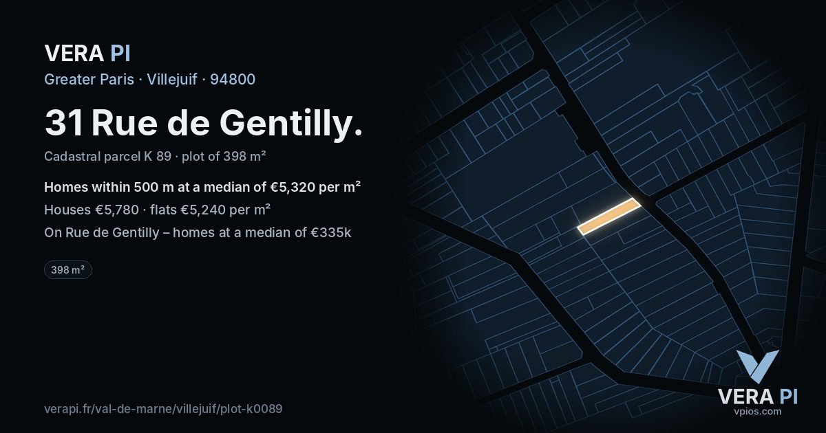 31 Rue de Gentilly, Villejuif at night – the plot lit, the parcels around coloured by the prices near them