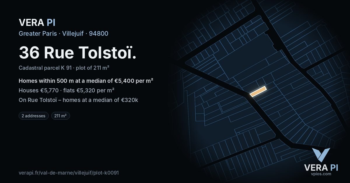 36 Rue Tolstoï, Villejuif at night – the plot lit, the parcels around coloured by the prices near them