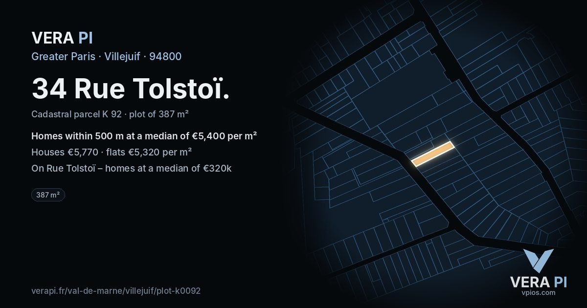 34 Rue Tolstoï, Villejuif at night – the plot lit, the parcels around coloured by the prices near them