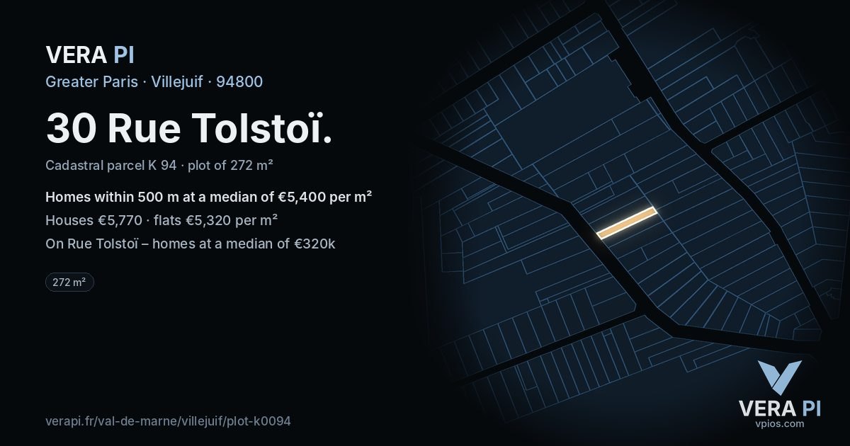 30 Rue Tolstoï, Villejuif at night – the plot lit, the parcels around coloured by the prices near them