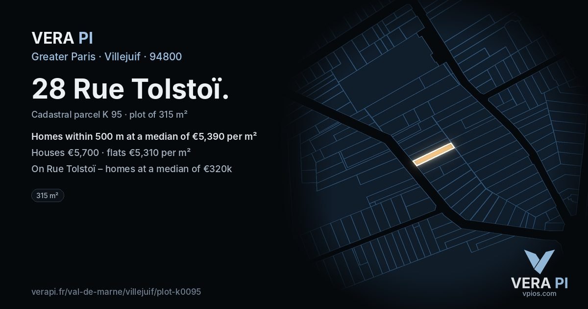 28 Rue Tolstoï, Villejuif at night – the plot lit, the parcels around coloured by the prices near them