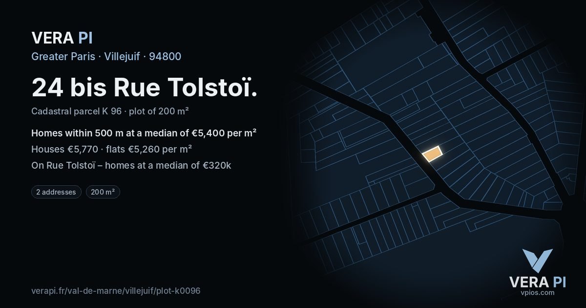 24 bis Rue Tolstoï, Villejuif at night – the plot lit, the parcels around coloured by the prices near them