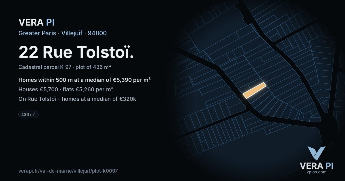 22 Rue Tolstoï, Villejuif at night – the plot lit, the parcels around coloured by the prices near them