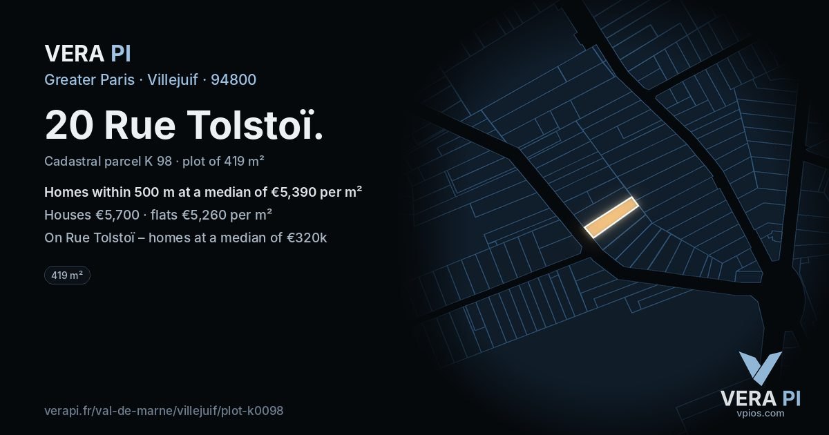 20 Rue Tolstoï, Villejuif at night – the plot lit, the parcels around coloured by the prices near them