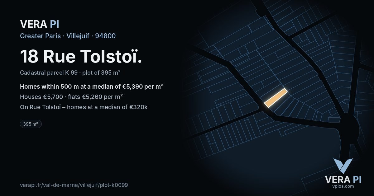 18 Rue Tolstoï, Villejuif at night – the plot lit, the parcels around coloured by the prices near them