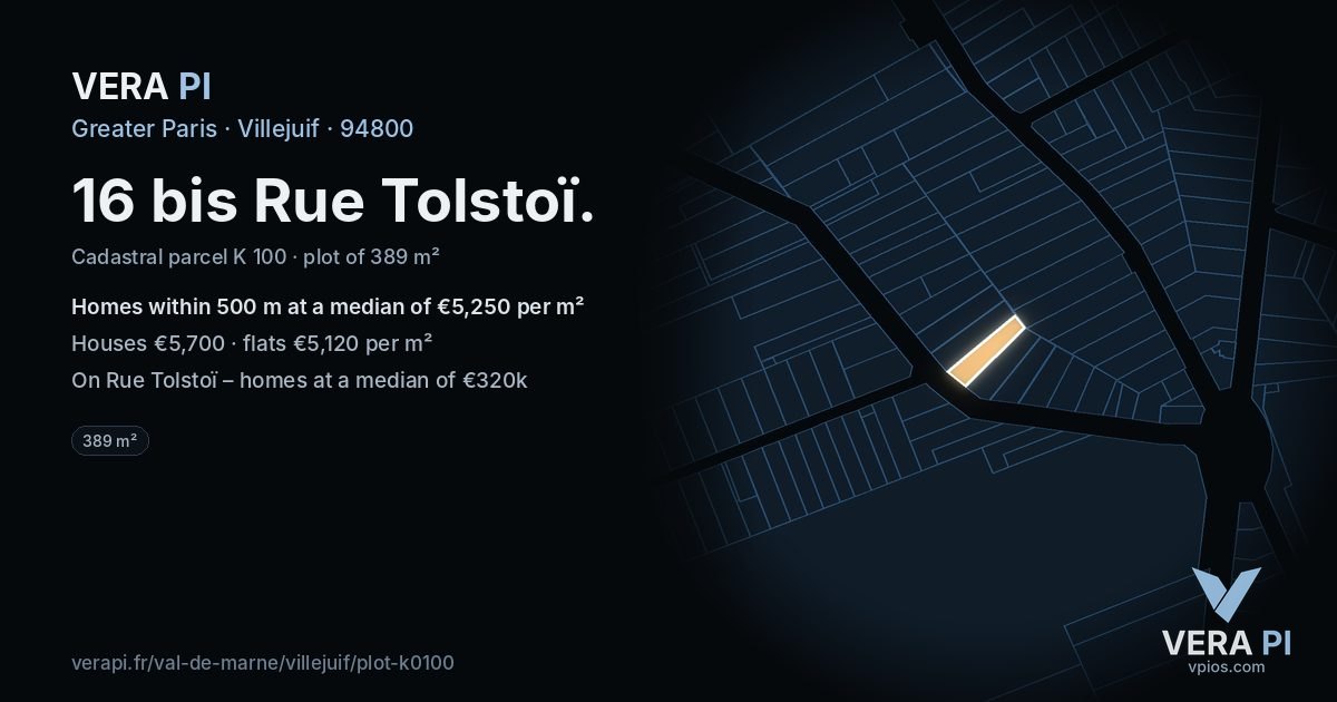 16 bis Rue Tolstoï, Villejuif at night – the plot lit, the parcels around coloured by the prices near them