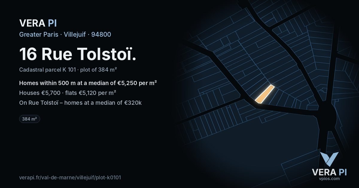 16 Rue Tolstoï, Villejuif at night – the plot lit, the parcels around coloured by the prices near them