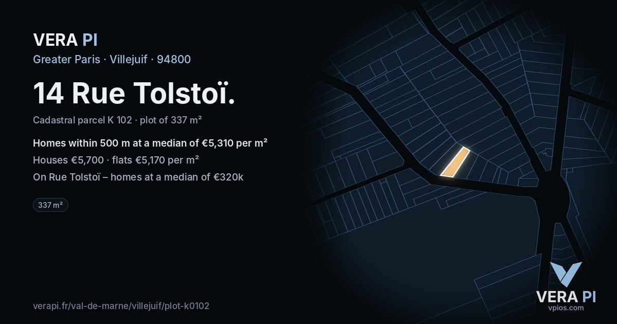 14 Rue Tolstoï, Villejuif at night – the plot lit, the parcels around coloured by the prices near them