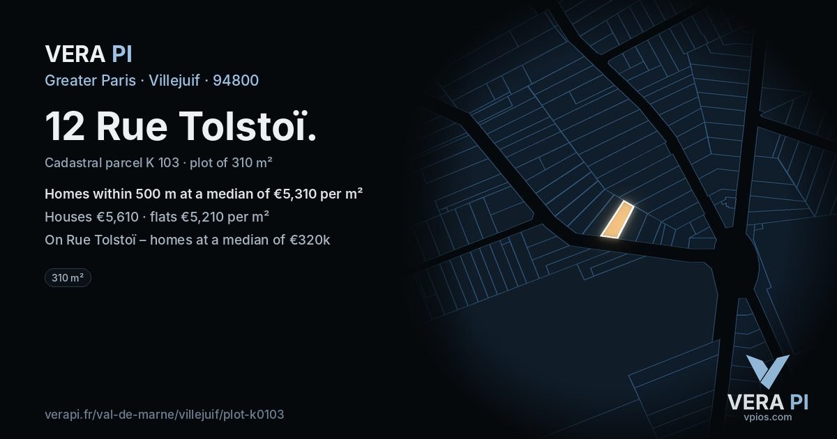 12 Rue Tolstoï, Villejuif at night – the plot lit, the parcels around coloured by the prices near them