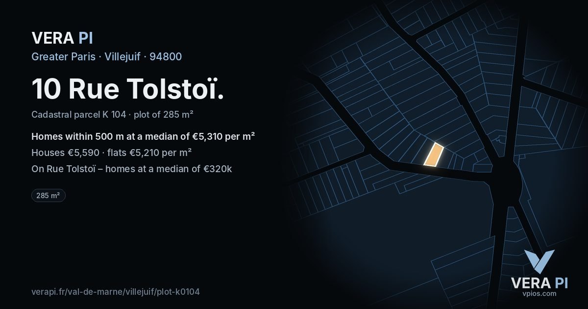 10 Rue Tolstoï, Villejuif at night – the plot lit, the parcels around coloured by the prices near them