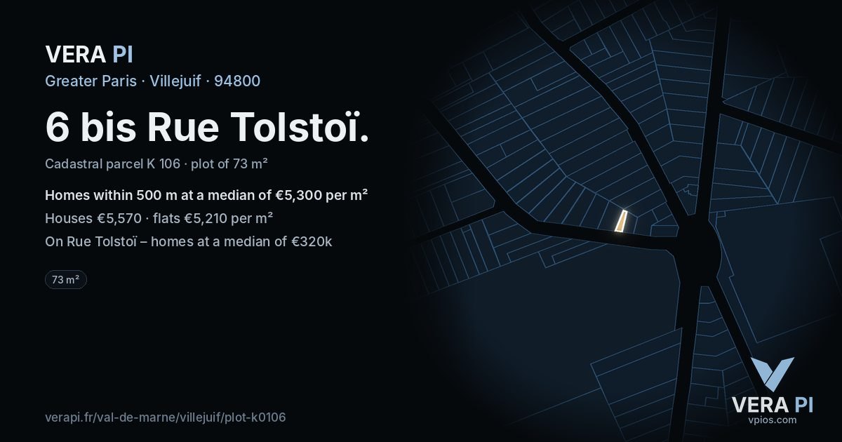 6 bis Rue Tolstoï, Villejuif at night – the plot lit, the parcels around coloured by the prices near them