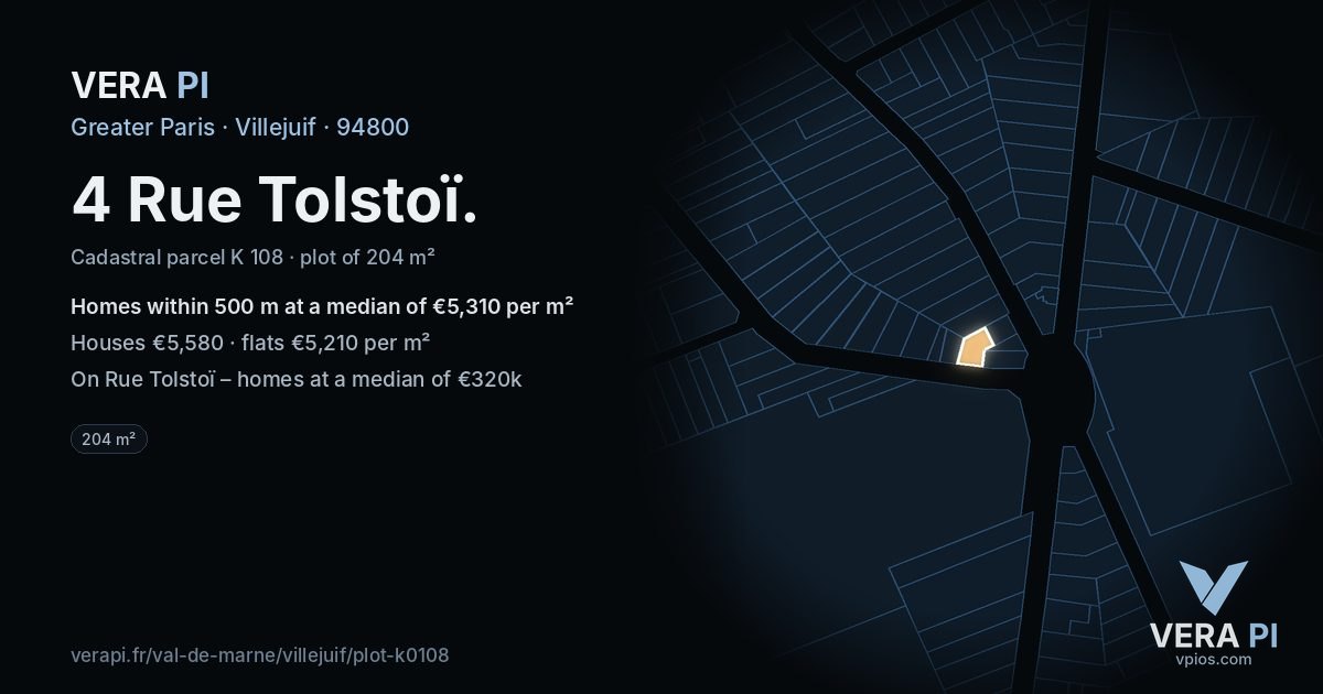 4 Rue Tolstoï, Villejuif at night – the plot lit, the parcels around coloured by the prices near them