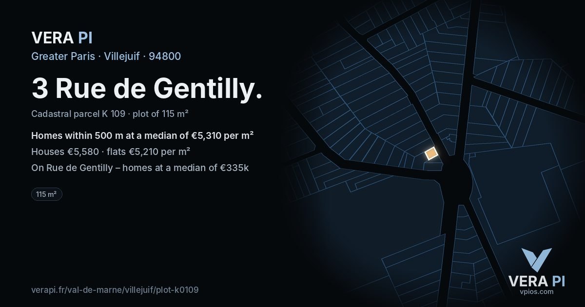 3 Rue de Gentilly, Villejuif at night – the plot lit, the parcels around coloured by the prices near them