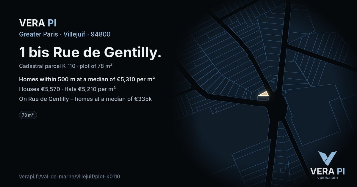 1 bis Rue de Gentilly, Villejuif at night – the plot lit, the parcels around coloured by the prices near them
