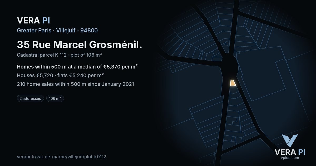 35 Rue Marcel Grosménil, Villejuif at night – the plot lit, the parcels around coloured by the prices near them