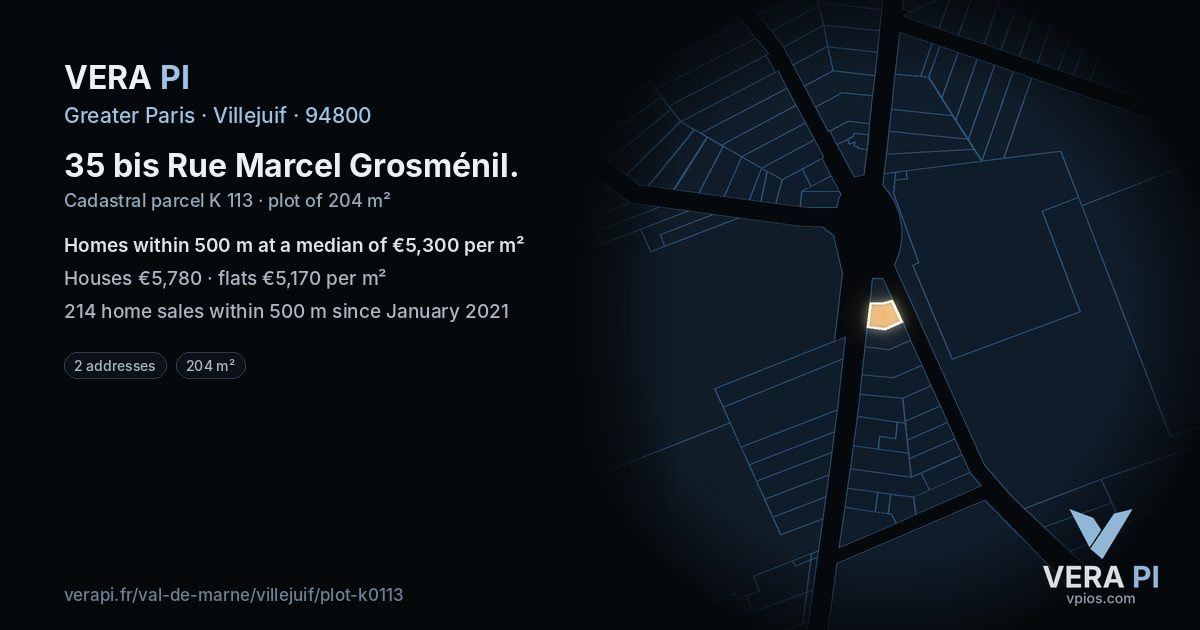 35 bis Rue Marcel Grosménil, Villejuif at night – the plot lit, the parcels around coloured by the prices near them