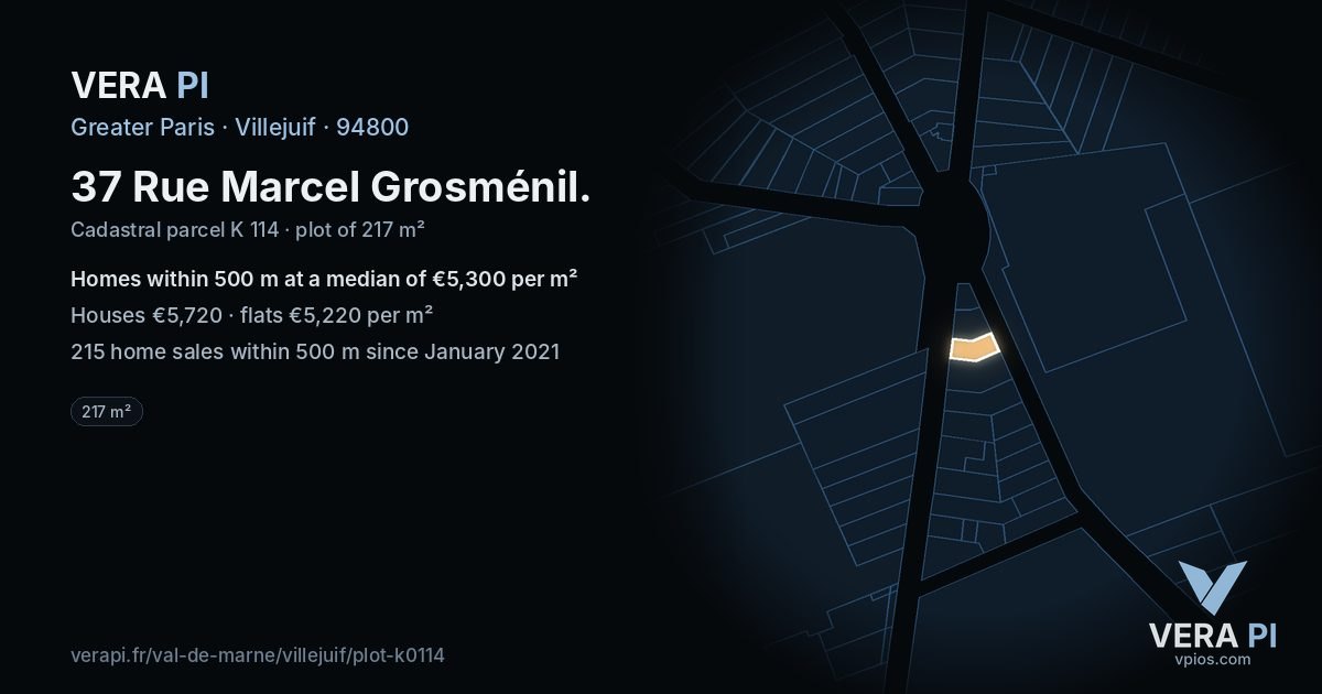 37 Rue Marcel Grosménil, Villejuif at night – the plot lit, the parcels around coloured by the prices near them