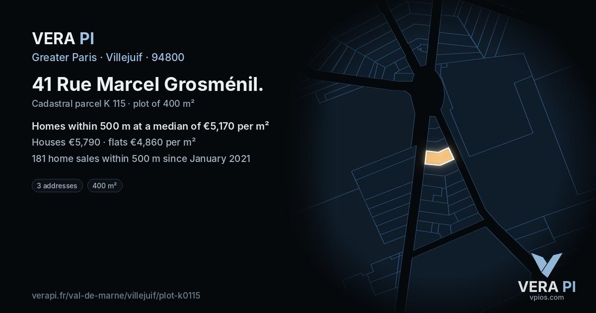 41 Rue Marcel Grosménil, Villejuif at night – the plot lit, the parcels around coloured by the prices near them
