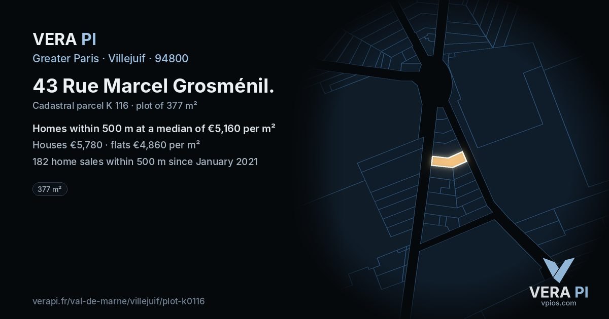 43 Rue Marcel Grosménil, Villejuif at night – the plot lit, the parcels around coloured by the prices near them