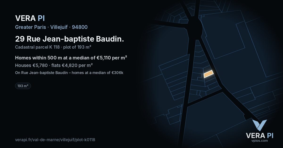 29 Rue Jean-baptiste Baudin, Villejuif at night – the plot lit, the parcels around coloured by the prices near them
