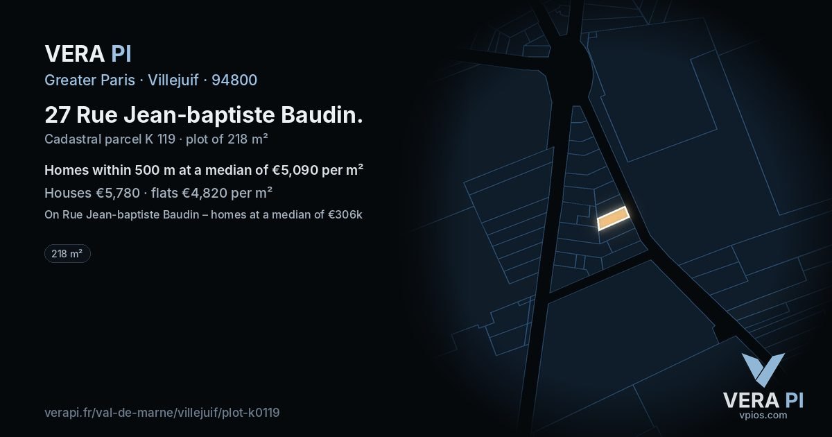 27 Rue Jean-baptiste Baudin, Villejuif at night – the plot lit, the parcels around coloured by the prices near them