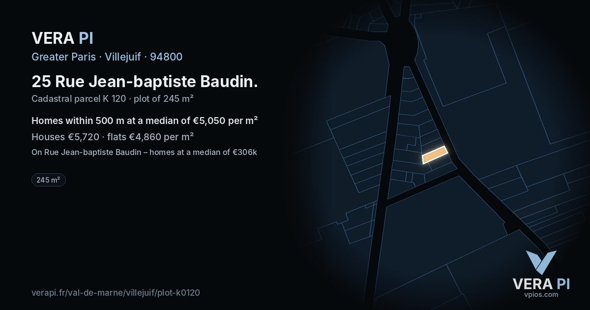 25 Rue Jean-baptiste Baudin, Villejuif at night – the plot lit, the parcels around coloured by the prices near them