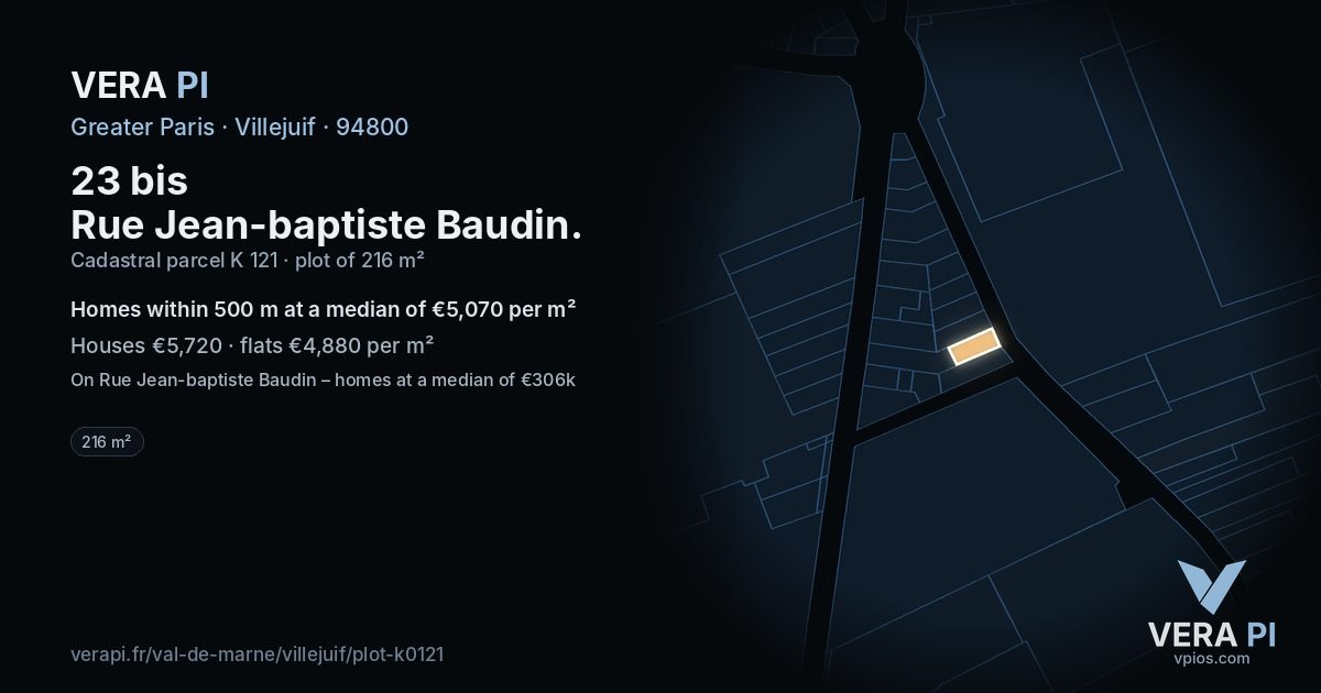 23 bis Rue Jean-baptiste Baudin, Villejuif at night – the plot lit, the parcels around coloured by the prices near them