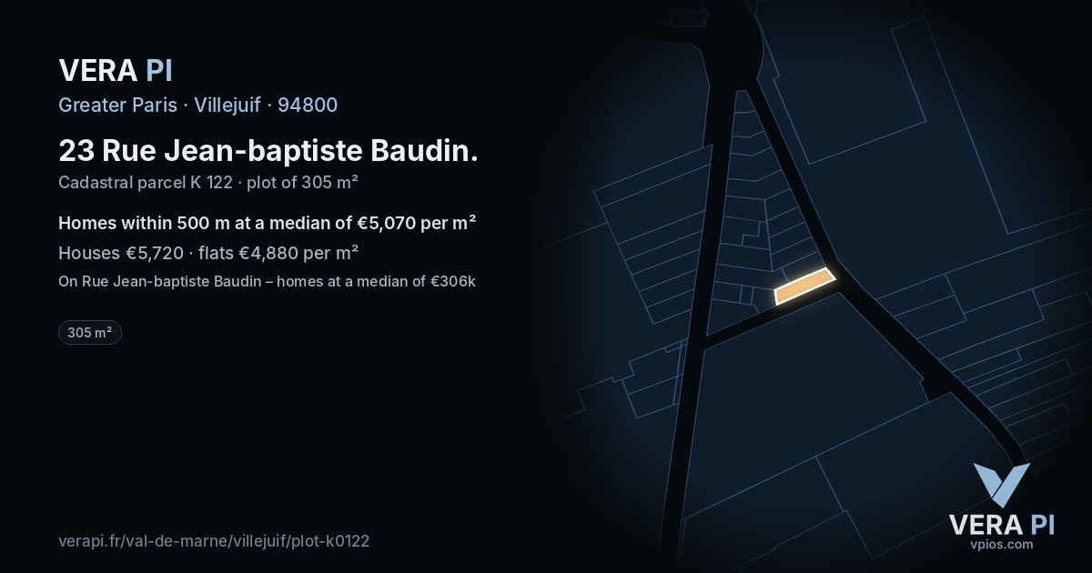 23 Rue Jean-baptiste Baudin, Villejuif at night – the plot lit, the parcels around coloured by the prices near them