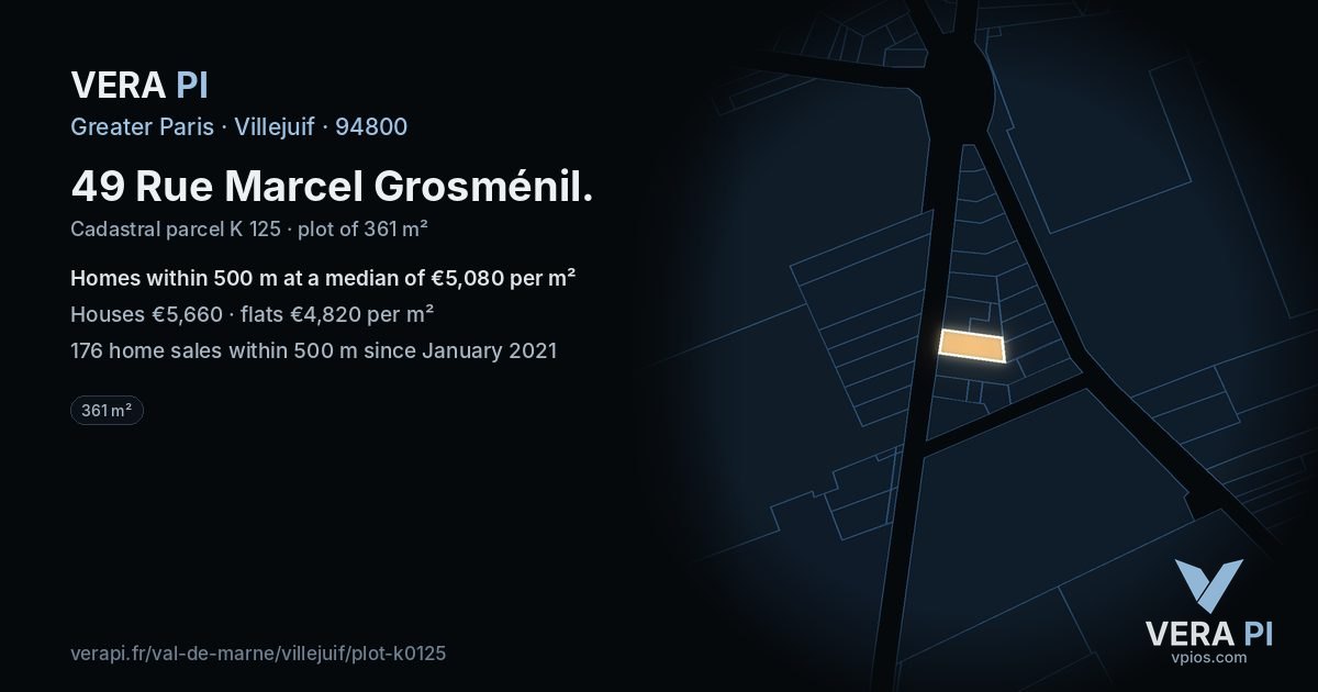 49 Rue Marcel Grosménil, Villejuif at night – the plot lit, the parcels around coloured by the prices near them