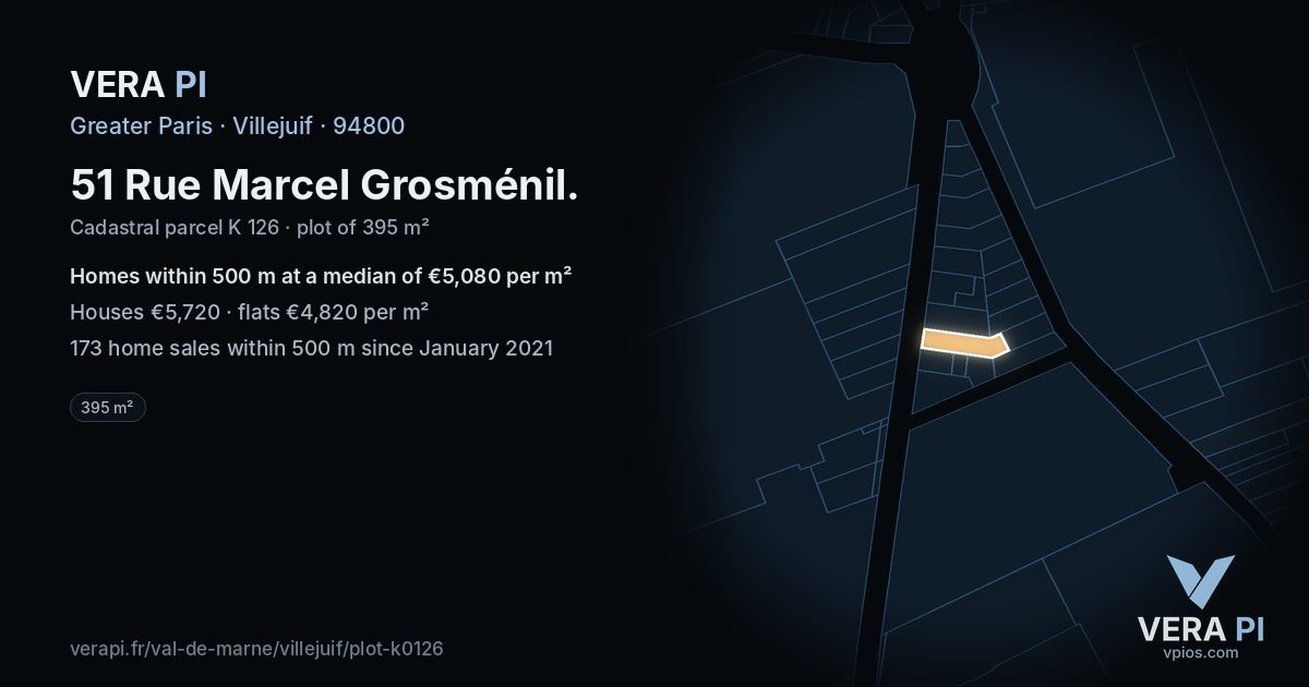 51 Rue Marcel Grosménil, Villejuif at night – the plot lit, the parcels around coloured by the prices near them