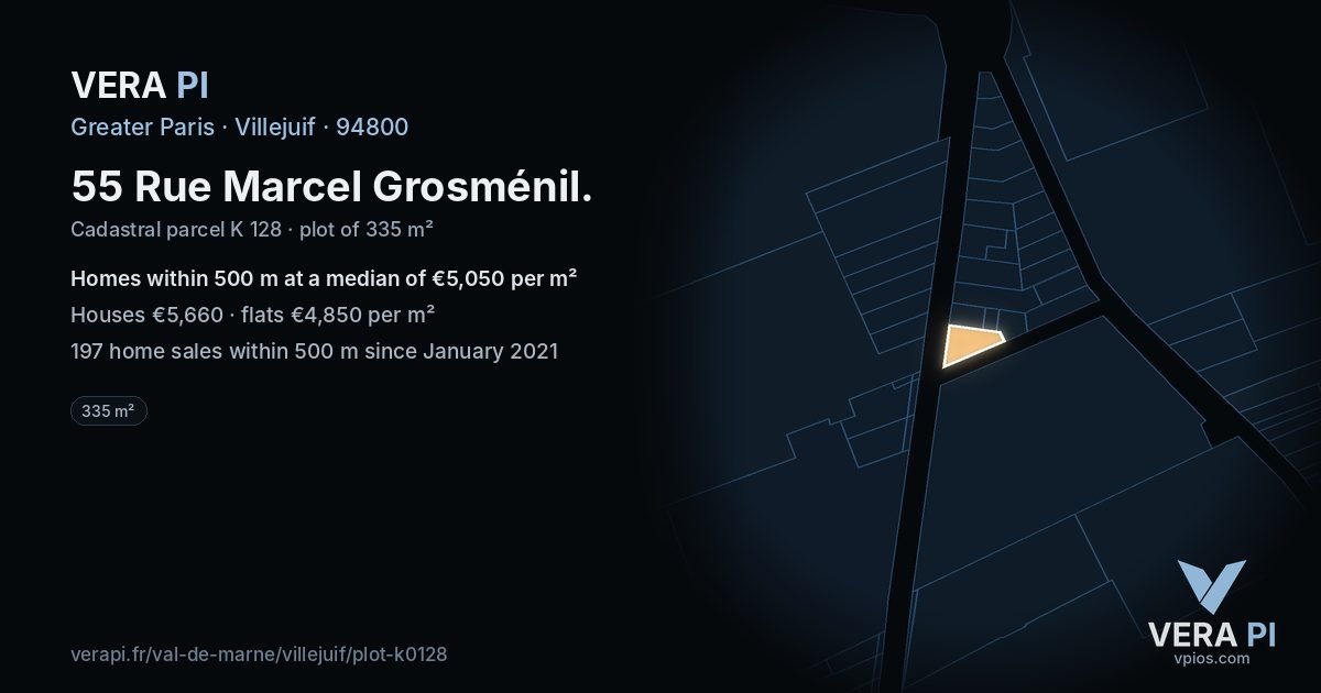 55 Rue Marcel Grosménil, Villejuif at night – the plot lit, the parcels around coloured by the prices near them
