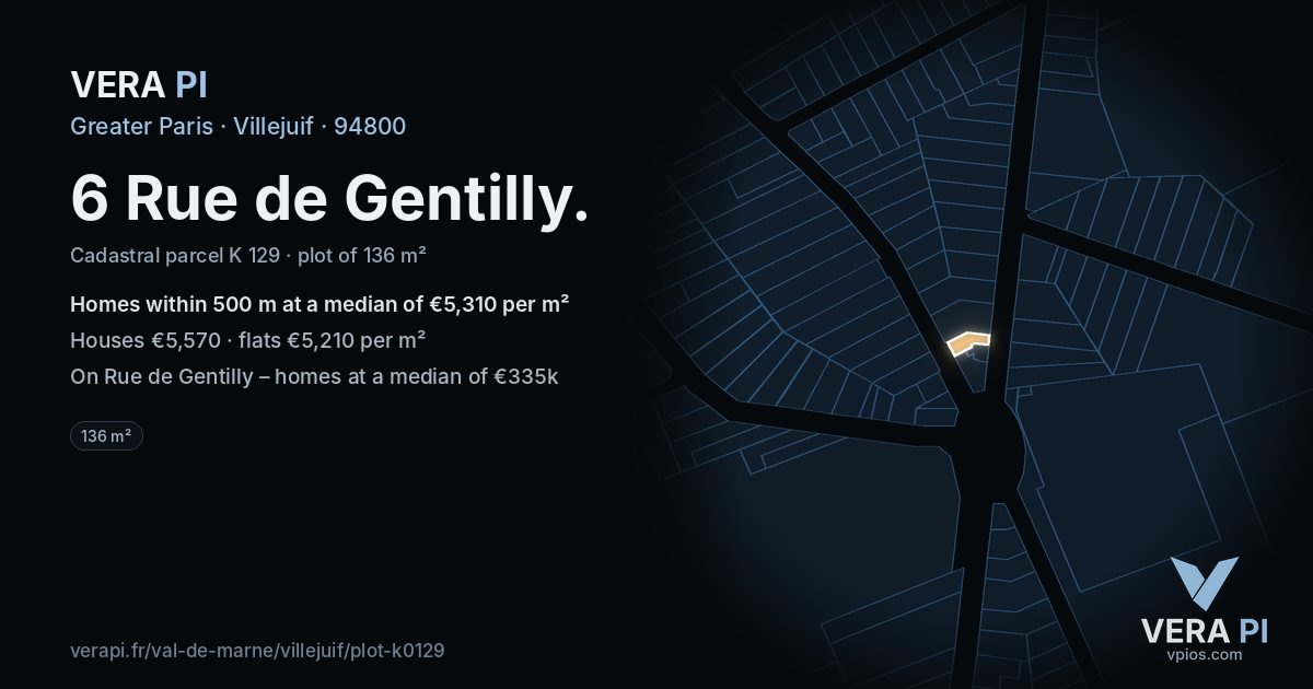 6 Rue de Gentilly, Villejuif at night – the plot lit, the parcels around coloured by the prices near them